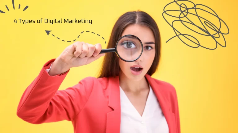 alt="Woman analyzes digital marketing strategies with magnifying glass, focusing on content, SEO, SEM, and social media.">